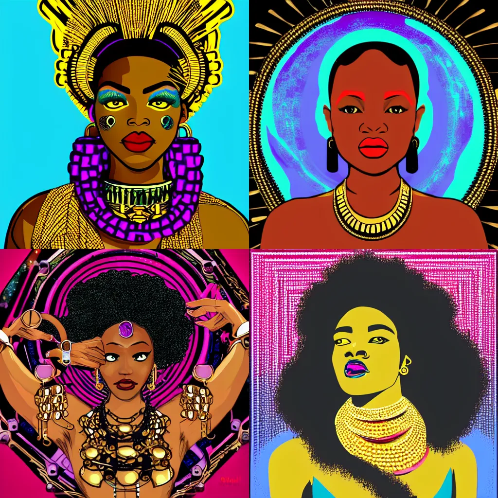 Prompt: afrofuturist woman with gold jewelry, 4k, retro art style, afropunk