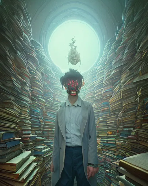 Image similar to highly detailed surreal vfx portrait of a villain in a catacomb of books, stephen bliss, unreal engine, greg rutkowski, loish, rhads, beeple, makoto shinkai and lois van baarle, ilya kuvshinov, rossdraws, tom bagshaw, alphonse mucha, global illumination, detailed and intricate environment