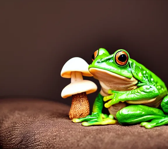 Prompt: photo of a cute frog, sitting on top of his cute mushroom friend, various poses, soft light, faded colors, well framed, sharp focus, 8 k