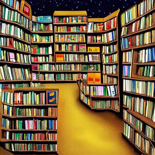 Image similar to panting of book store in space