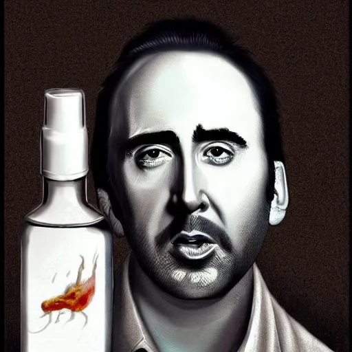 Prompt: Drinking from bottle liquid with face Nicolas Cage, Surrealism, Surreal drawing, Digital art, from artstation, art by Salvador Dali