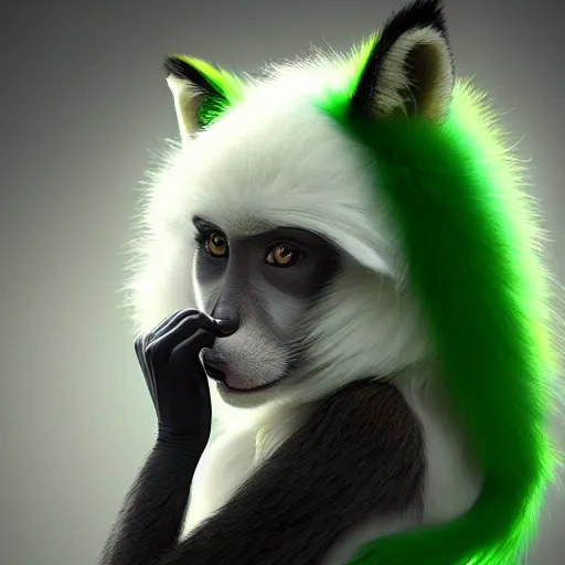 Image similar to fox as a monkey, fluffy white - fur, black - ears, stunning green - eyes, extremely long white - tail with black - tip, award winning creature portrait photography, extremely detailed, artstation, 8 k, sensual lighting, incredible art, wlop, artgerm