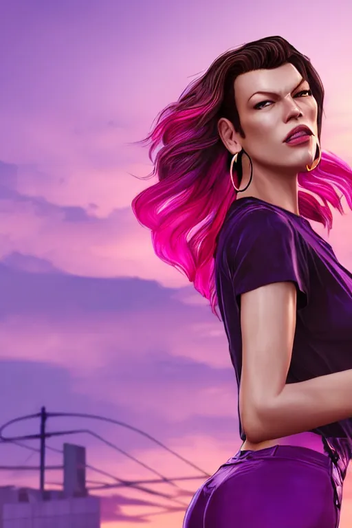 Image similar to a stunning GTA V loading screen Milla Jovovich with ombre purple pink hairstyle, hair blowing in the wind, hoop earrings, sunset mood, outrun, vaporware, retro, digital art, trending on artstation