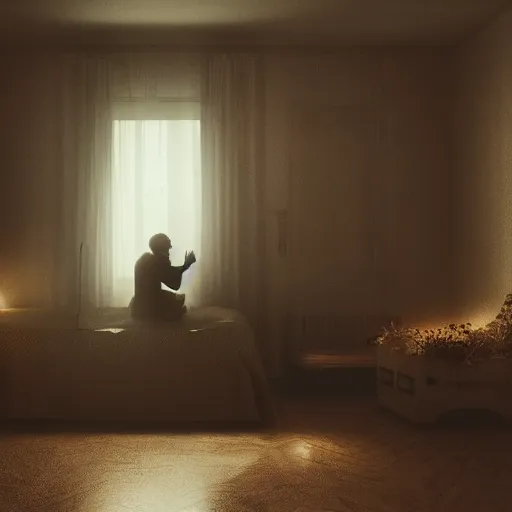 Image similar to lonely man crying by the side of his bed, dslr, 8 k, octane beautifully detailed render, sad mood, cinematic lighting, detailed photo, masterpiece, volumetric lighting, ultra realistic, highly detailed, high quality, lossless, photorealistic