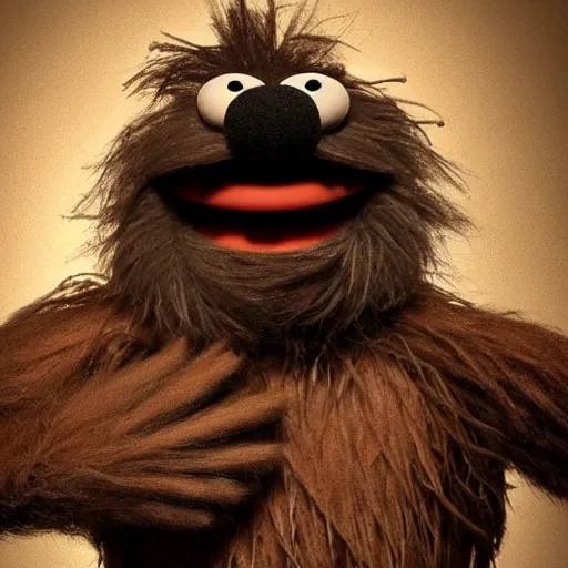 Image similar to a still of a forgotten muppet character looking very manly and modern, hilarious, laughing, hairy chest, huge chin, manly monster tough guy, roughled fur, photo real, photographic, photograph, artstation, trending, featured