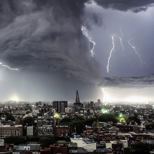 Image similar to a gigantic diety, towering over a city, during a thunderstorm,