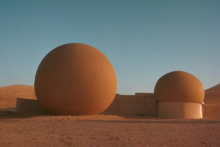 Prompt: film still of modern complex néo-classical spherical palace in the desert, by Étienne-Louis Boullée and Jean Jacques Lequeu cinestill 800t 35mm full-HD