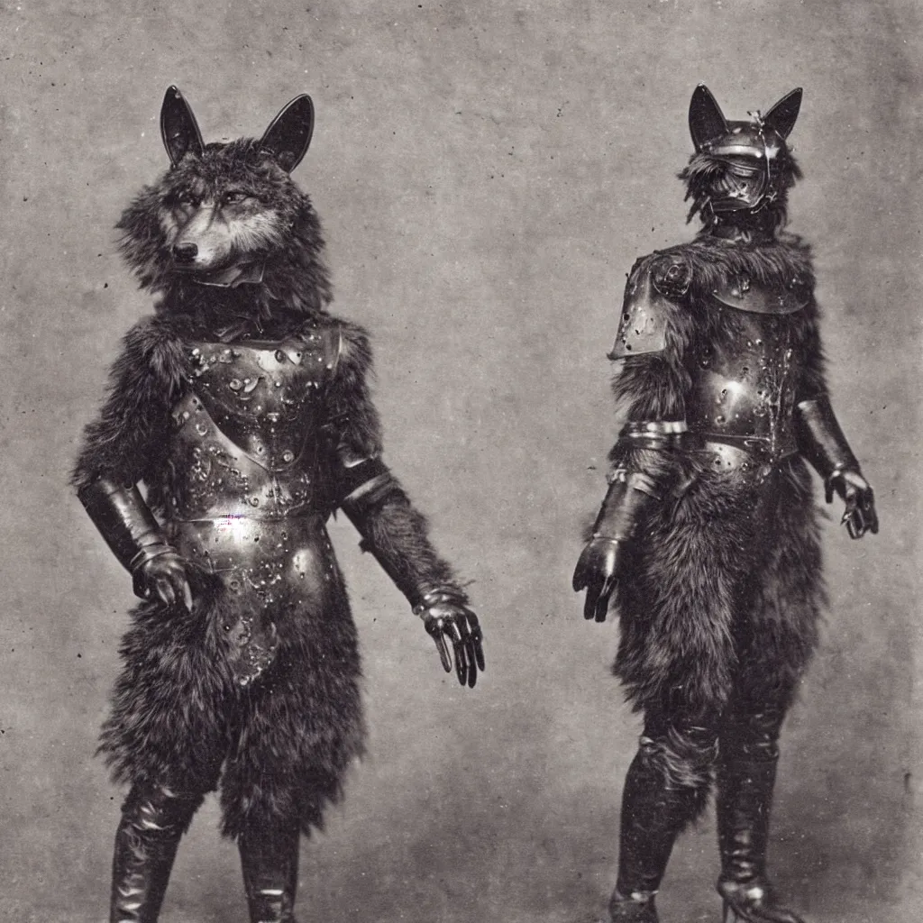 Image similar to anthropomorphic furry wolf in suit of armor of unknown origin, 1900s photograph