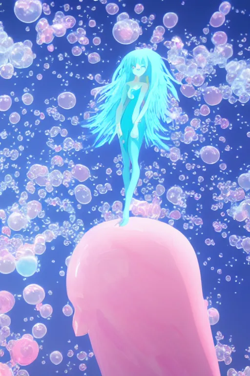 Prompt: 3D CG anime Land of the Lustrous Houseki no Kuni character Ventricosus translucent very pink jelly person with thick chest bubbles and pink transparent dress frills floating at the bottom of the ocean, beautiful composition, 3D render, cel shaded, 8k, key visual, made by Haruko Ichikawa, Makoto Shinkai, studio Ghibli, Kyoto Animation