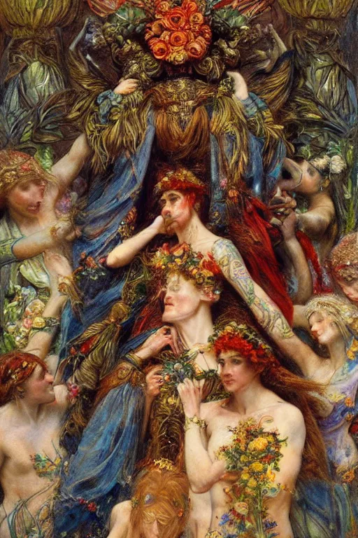 Image similar to coronation of the flower prince, by Annie Swynnerton and Gaston Bussière, embroidered brocade, tattoos, elaborate costume, geometric ornament, symbolist, rich colors, dramatic lighting, smooth, sharp focus, extremely detailed