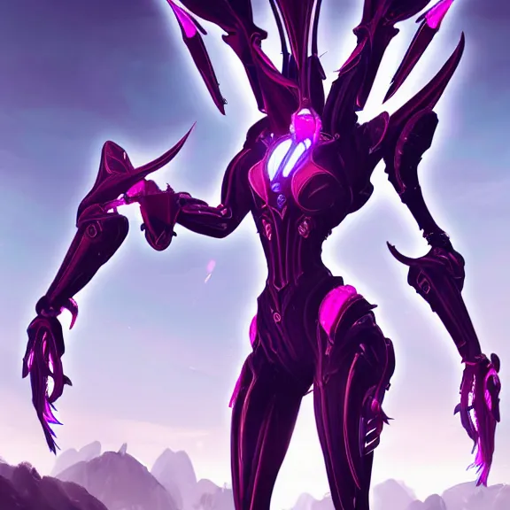 Image similar to highly detailed giantess shot exquisite warframe fanart, looking up at a giant 500 foot tall beautiful stunning saryn prime female warframe, as a stunning anthropomorphic robot female dragon, looming over you, dancing elegantly over you, your view upward between the legs, white sleek armor with glowing fuchsia accents, proportionally accurate, anatomically correct, sharp robot dragon paws, two arms, two legs, camera close to the legs and feet, giantess shot, upward shot, ground view shot, leg and thigh shot, epic low shot, high quality, captura, realistic, professional digital art, high end digital art, furry art, macro art, giantess art, anthro art, DeviantArt, artstation, Furaffinity, 3D realism, 8k HD octane render, epic lighting, depth of field