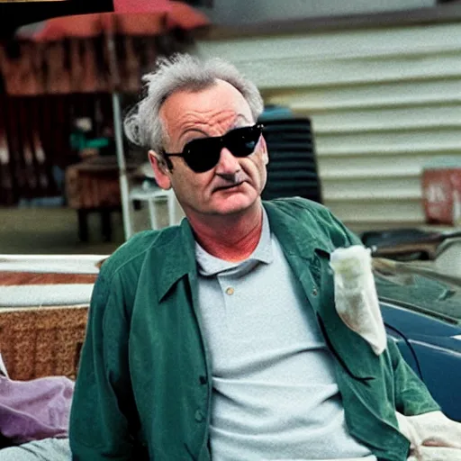 Prompt: bill murray high as fuck, sunglasses, joint, movie still, promotional shot