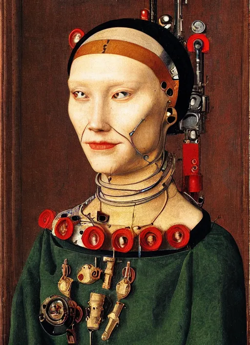 Prompt: a portrait of cyborg princess connected to a brain-machine interface by Jan van Eyck, renaissance style