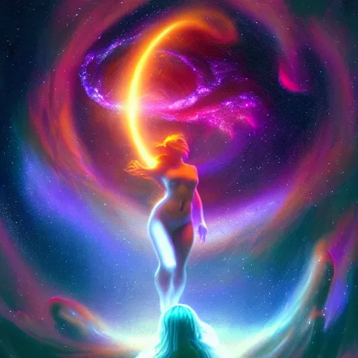 Prompt: goddess of light in the center of a nebula, detailed matte fantasy painting, cinematic lighting, deviantart artstation, by michael whelan