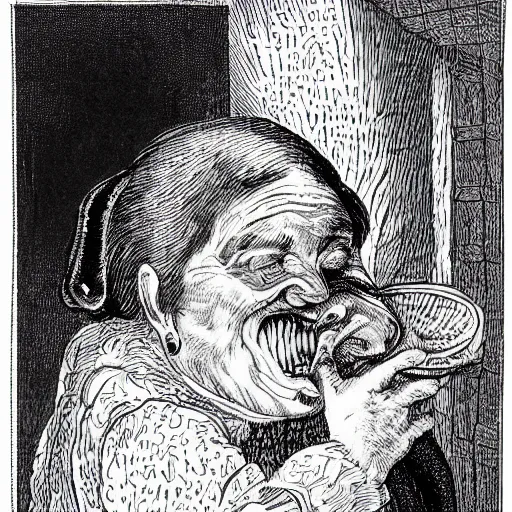 Prompt: an illustration of an old woman opening her mouth extremely wide and swallowing a whole goat