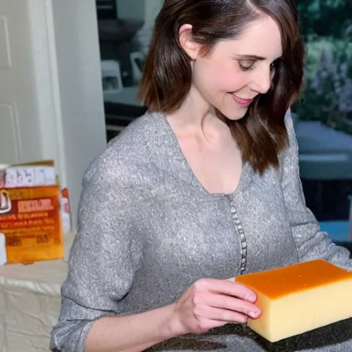 Image similar to Alison Brie eating a whole block of cheese