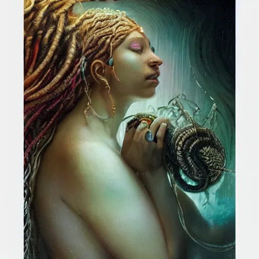 Image similar to birth of mami wata, sumerian goddess inanna ishtar, ashteroth, techno mystic goddess princess intergalactica, with aqua neon rapunzel dreadlocks, mami wata, detailed, by gaston bussiere, bayard wu, greg rutkowski, giger, maxim verehin, greg rutkowski, masterpiece, sharp focus,