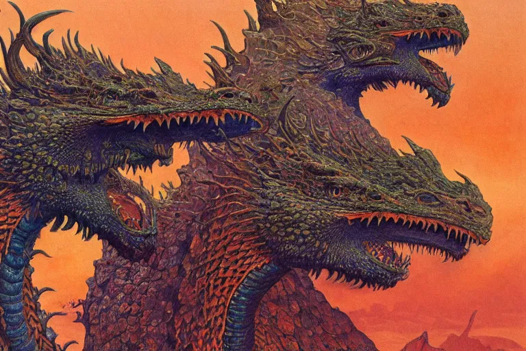 Prompt: oil painting, super - detailed scene of two headed dragon where one head is donald trump and the other is vladimir putin, japanese sci - fi books art, artwork by jean giraud and zdzislaw beksinski and alphonse mucha and hr giger, hd, 4 k, high quality