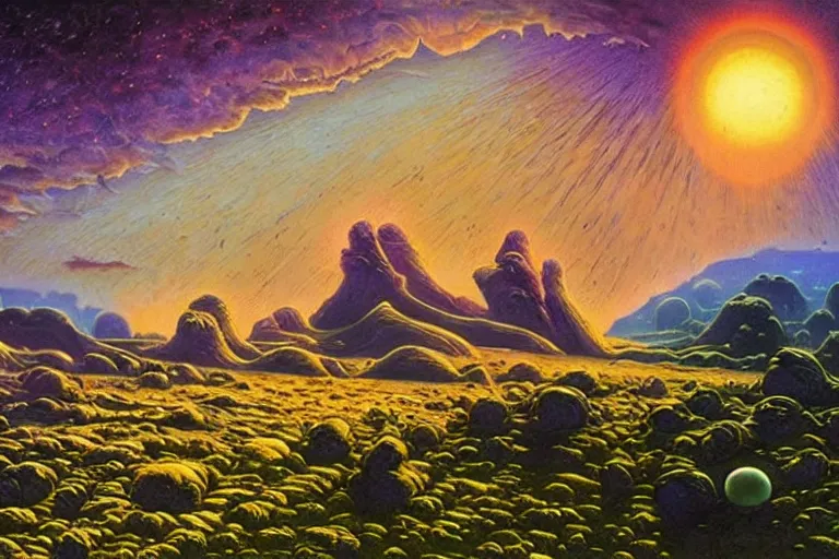 Prompt: strange fertile alien landscape, oil painting by david a. hardy, surreal, vivid colors