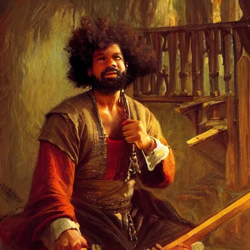 Prompt: a medieval carpenter, afro-featured, relaxing after work, candid, fantasy character portrait by gaston bussiere, craig mullins