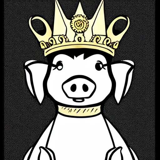 Prompt: standing pig wearing a gold crown on it's head black and white illustration concept art in the style of Arthur Adams, full body 8k
