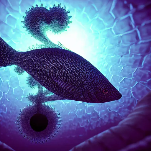 Image similar to a hyperrealistic 3 d octane render of a fish made entirely of gigantic mandelbrot fractals, unreal engine, dramatic lighting, volumetric lighting, backlit, vray lighting, ray tracing, ultra detailed, photorealism, neon, glowing