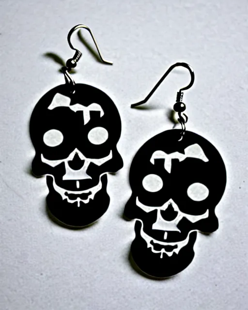 Image similar to spooky cartoon skull, 2 d lasercut earrings, in the style of tim burton