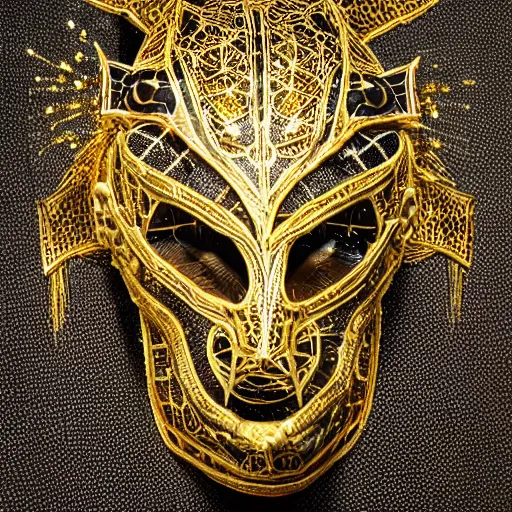 Prompt: metallic head of Behemoth, surrounded by intricate gold lace metalwork on a black smokey background metallic, accent lighting, glowing, gold