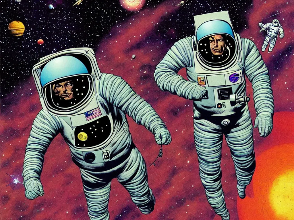 Image similar to Pacal Votan, Star navigator on a space walk wearing a futuristic cyberpunk spacesuit by Richard Corben