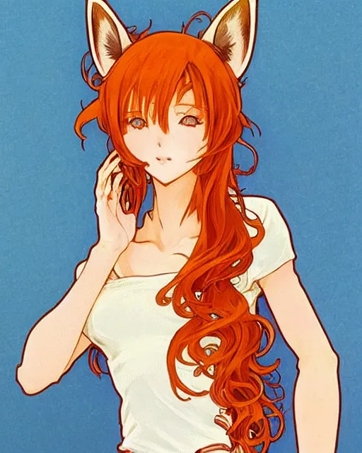 Prompt: A cute frontal portrait of a beautiful anime skinny foxgirl with curly orange colored hair and fox ears on top of her head wearing a white short t-shirt with quake 3 symbolic looking at the viewer, elegant, delicate, soft lines, higly detailed, smooth , pixiv art, ArtStation, artgem, art by alphonse mucha charles reid and Gil Elvgren, high quality, digital illustration, concept art