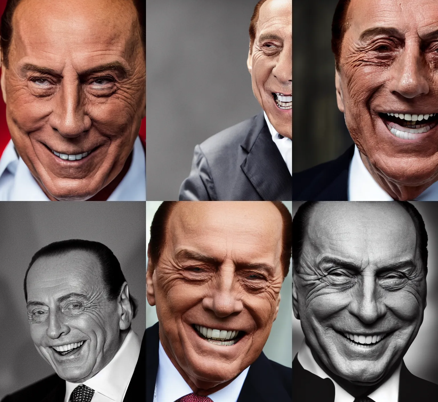Prompt: Silvio Berlusconi is looking at you and smiling, a big scary smile from Silvio Berlusconi, close up portrait, professional photography CANON, dramatic lighting enhancing all the details from Berlusconi's face