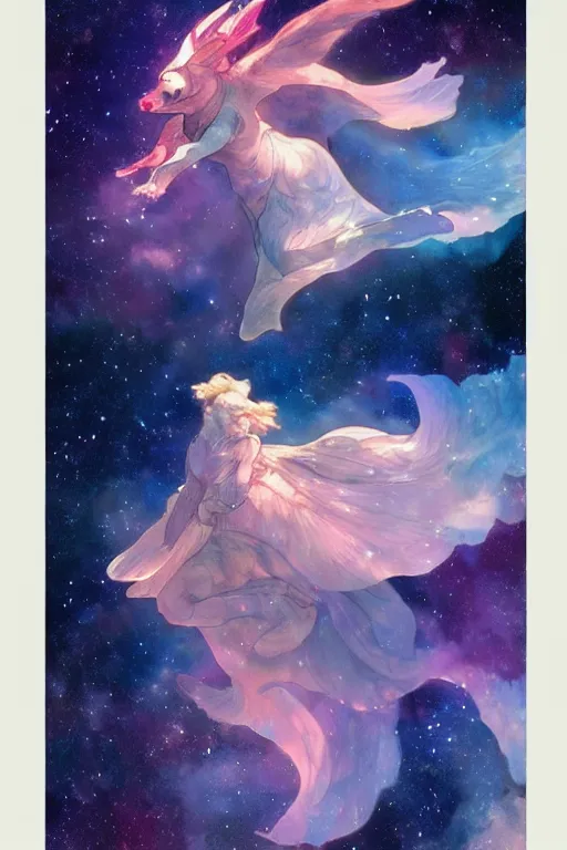 Image similar to a flying pig in a beautiful nebula, water color, art by artgerm and greg rutkowski and alphonse mucha and jin xiaodi and anthony devine