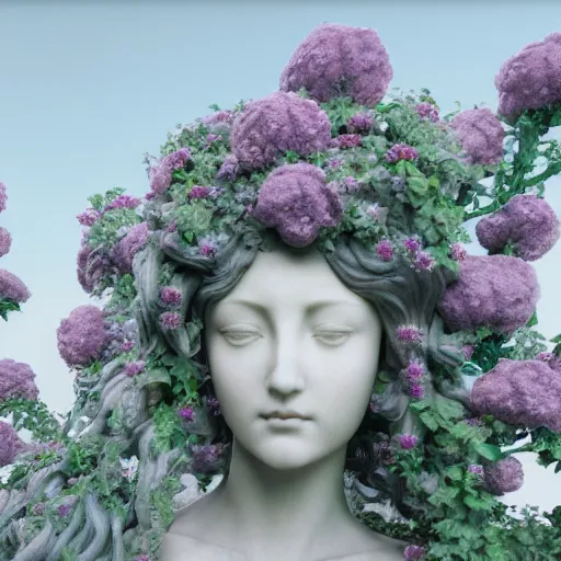 Image similar to an idealistic marble statue with flowery hair in a fractal garden, unreal engine, 8k render, beautiful, full frame,