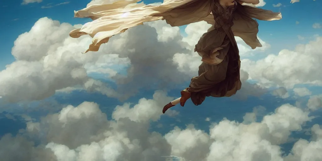 Image similar to flying over cloud tops, elegant, highly detailed, digital painting, artstation, concept art, smooth, sharp focus, illustration, ArtStation, art by artgerm and greg rutkowski and alphonse mucha and J. C. Leyendecker and Edmund Blair Leighton and Charlie Bowater