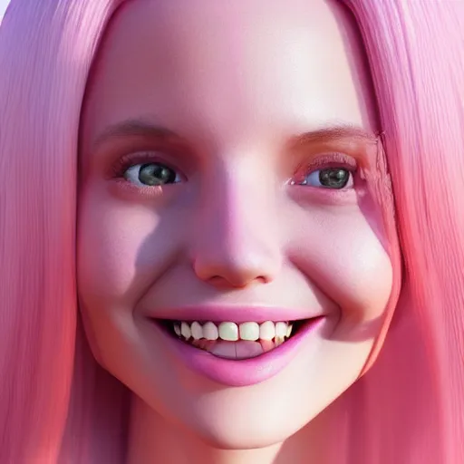 Image similar to beautiful hyperrealism selfie of a cute 3 d young woman smiling smugly, long light pink hair, flushed face, small heart - shaped face, amber eyes, golden hour, 8 k, instagram