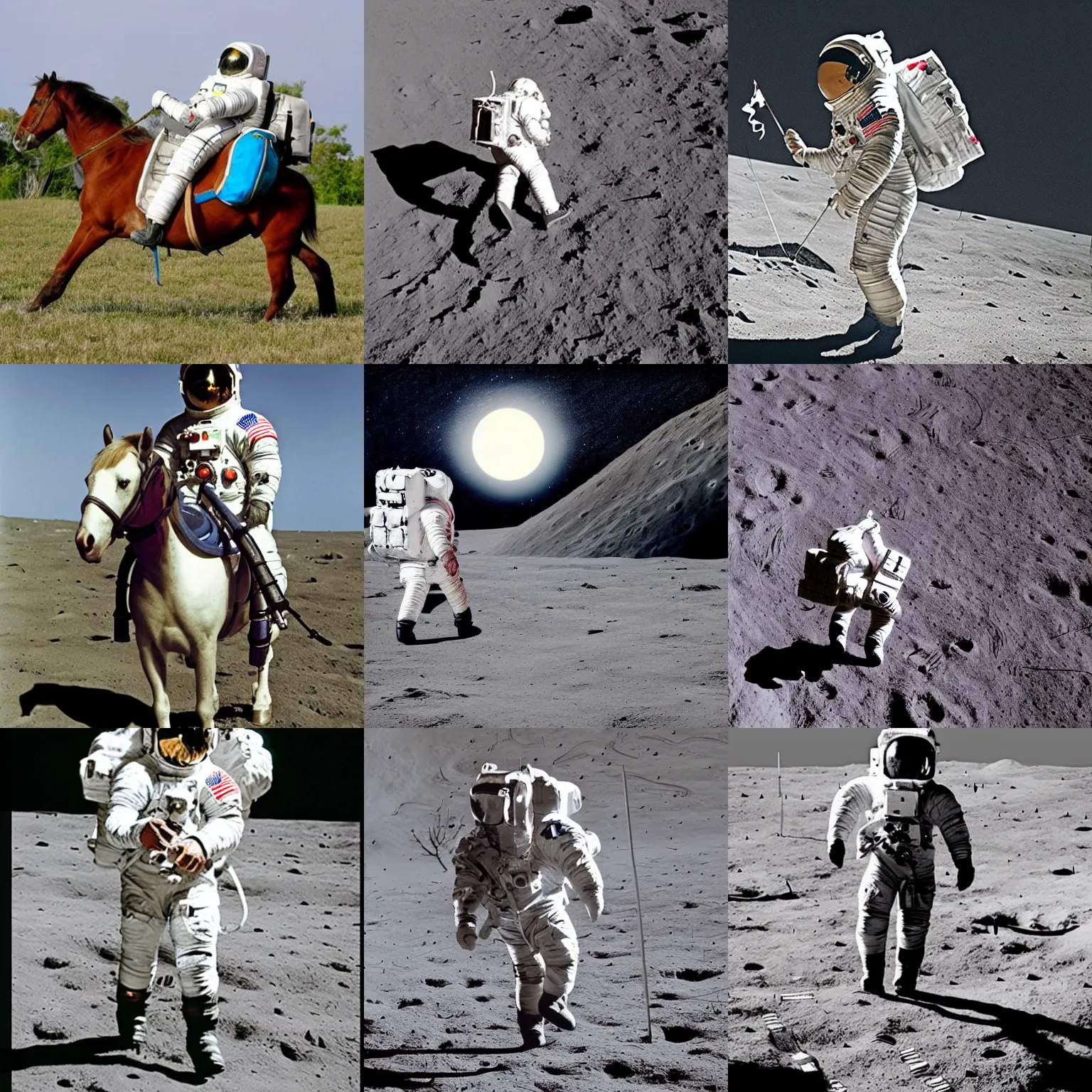 Prompt: astronaut on the moon, astronaut is carrying a pony horse, backpack in the shape of the horse,