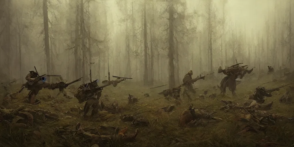 Image similar to a painting of a group of medieval villagers with rifles being attacked by 3 big wolves in a foggy dense forest by greg rutkowski, dark fantasy art, high detail, trending on artstation