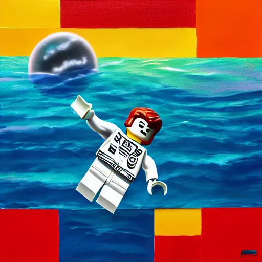 Image similar to lego blocks painting of astronaut in the ocean by fujita, goro, skies, realistic, colorful, positive vibes, cinematic, 3 d, hd