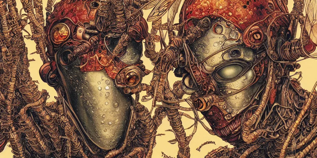 Image similar to closeup of insect man, by yoichi hatakenaka, masamune shirow, josan gonzales and dan mumford, ayami kojima, takato yamamoto, barclay shaw, karol bak