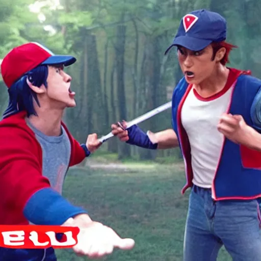 Image similar to live - action film still of a pokemon battle between ash ketchum and team rocket grunts