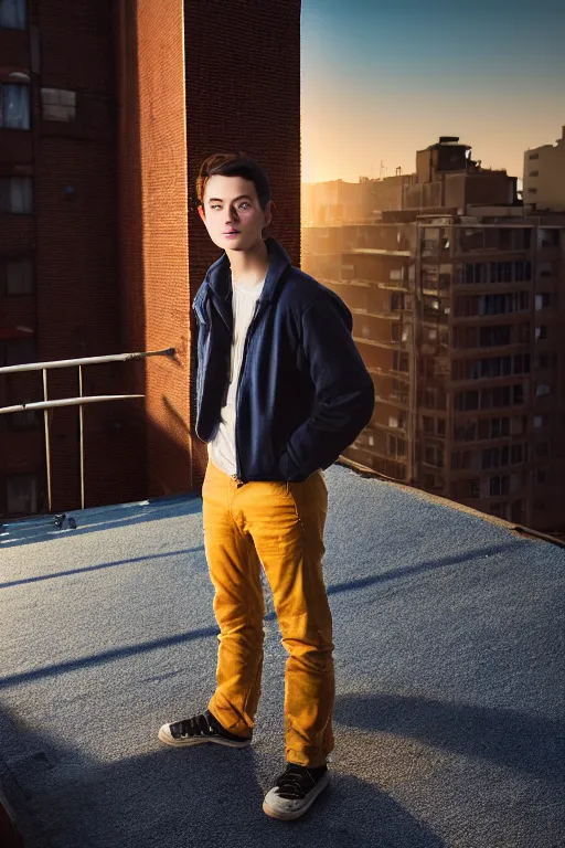 Prompt: un ultra high definition studio quality photographic art portrait of a young man standing on the rooftop of an apartment building wearing all eclectic soft padded clothing. three point light. extremely detailed. golden hour, golden ratio, ray tracing, volumetric light, shallow depth of field. set dressed.