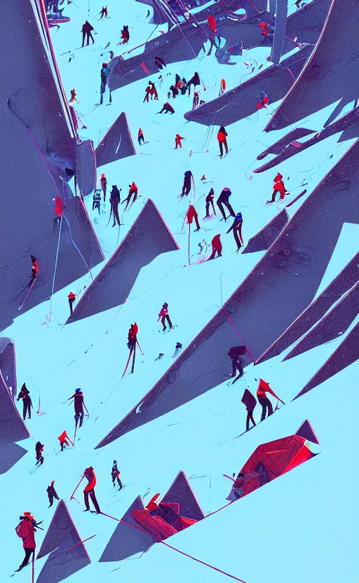 Prompt: by moebius and atey ghailan | the bottom of a ski slope with a huge pile of tangled up skiers |