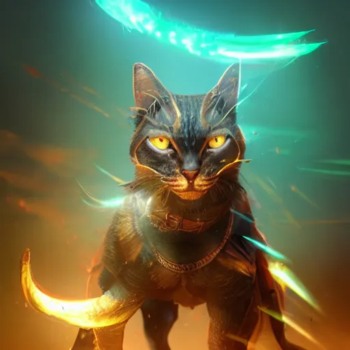 Image similar to character concept portrait, a warrior cat in a combat stance, bright glowing, 3 d rendered, 3 d rendering, dramatic lighting, unreal enginedigital painting, concept art, smooth, sharp focus, illustration, 8 k resolution, trending on art station, cinema 4 d, behance hd