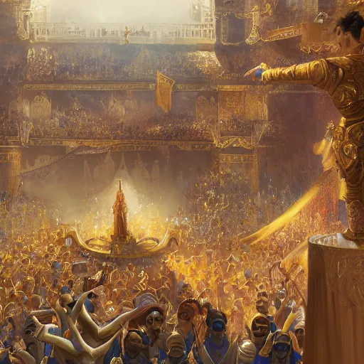 Prompt: A young king in golden clothes making a speech from a balcony to a crowd, fantasy, highly detailed, digital painting, artstation, concept art, illustration, art by Bayard Wu and Marc Simonetti