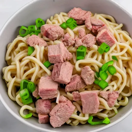 Image similar to white pink meat chunks noodles in styrofoam bowl,