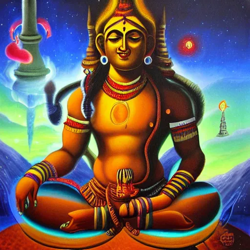 Image similar to Epic wide angle portrait of Shiva emerging from a lingam shaped rocket ship, oil painting