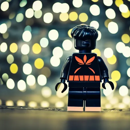 Image similar to photo of lego figure in black Adidas spotwear, holding a bottle, bokeh