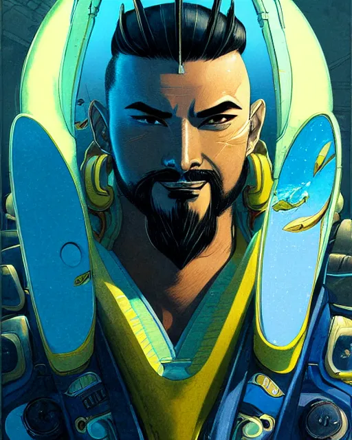 Prompt: hanzo from overwatch, character portrait, portrait, close up, concept art, intricate details, highly detailed, vintage sci - fi poster, retro future, vintage sci - fi art, in the style of chris foss, rodger dean, moebius, michael whelan, and gustave dore