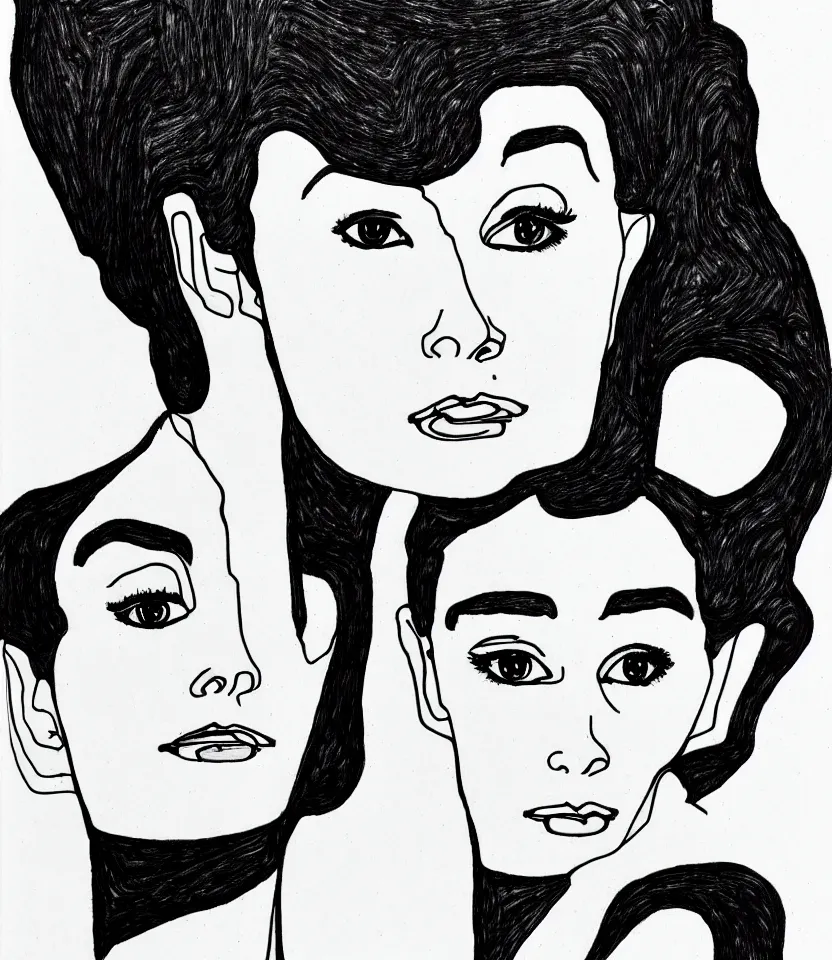 Image similar to elegant line art portrait of audrey hepburn, inspired by egon schiele. contour lines, graphic musicality, twirls, curls, curves, strong confident personality