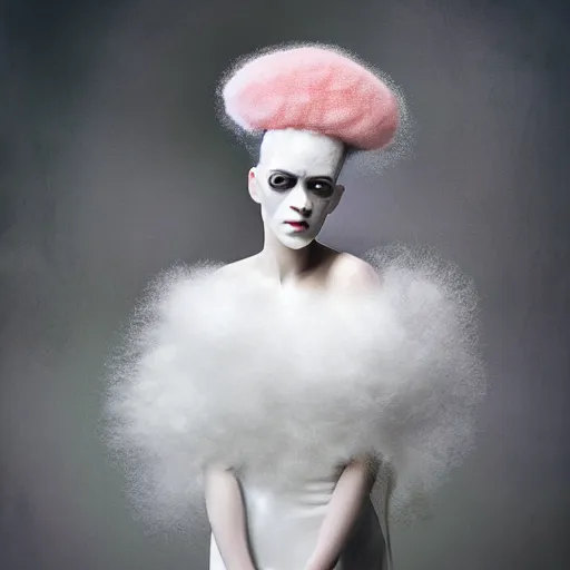Prompt: portrait of a cute bride of frankenstein with soft pink and white cotton fluffy balls floating in image, fashion photography, highly detailed, digital photography by jheronimus bosch and james jean and james rutkowski